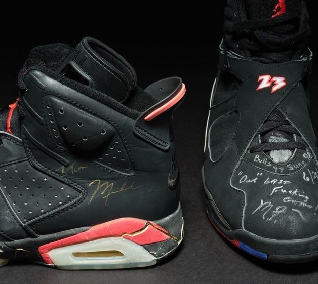 Six sneakers worn by Michael Jordan in the NBA Finals have been put up for auction.  Sotheby's