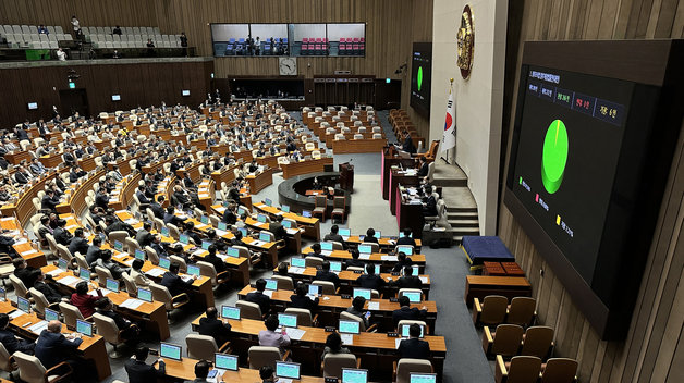 지난 27일 서울 여의도 국회에서 열린 제403회 국회(임시회) 제8차 본회의에서 정부조직법 일부개정법률안(대안)이 재석 272인 중 찬성 266인, 반대 0인, 기권 6인으로 가결되고 있다. 2023.2.27/뉴스1