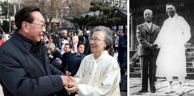 1946년 그날처럼… 1일 오후 서울 종로구 탑골공원에서 열린 104주년 3·1운동 기념식에서 김구 선생의 손자 김진
 전 광복회장 직무대행과 이승만 전 대통령의 양아들 이인수 박사의 부인 조혜자 여사가 서로 손잡고 웃으며 인사하고 있다. 이날 
행사장에서 처음 만났다는 이들은 “두 분의 노선은 달랐지만 독립을 위한 마음은 하나였다”며 정치권과 국민이 화합해 어려운 시기를 
헤쳐 나가면 좋겠다고 당부했다(왼쪽 사진). 오른쪽은 정치적 라이벌이자 독립운동의 두 기둥이었던 이승만 전 대통령과 김구 선생이 
1946년 봄 남조선대한국민대표민주의원 회의를 마친 후 서울 창덕궁 앞에서 손잡고 찍은 사진. 양회성 기자 
yohan@donga.com