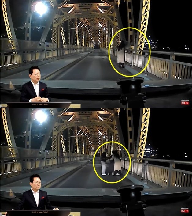 다리 난간에서 뛰어내리려는 남성을 끌어내리는 시민들. (유튜브 ‘한문철TV’ 갈무리)