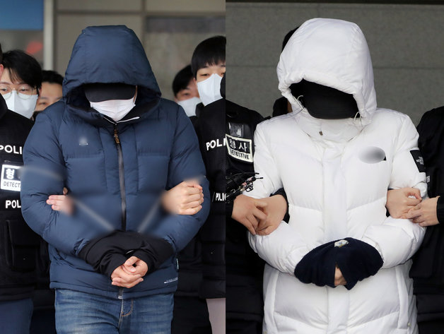 초등학교 5학년 아들을 학대해 숨지게 한 혐의로 구속된 친부 A씨(39·왼쪽)와 계모 B씨(42). 뉴스1