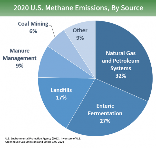 2020년 미국 메탄 배출 요인을 나타낸 그래프 (출처 : 미국 환경보호청(EPA))