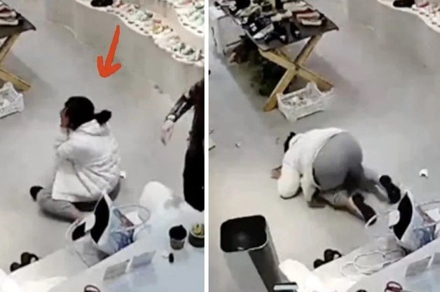 중국의 한 신발가게에서 부모가 신발을 사주지 않아 오열한 28세 여성. (웨이보)