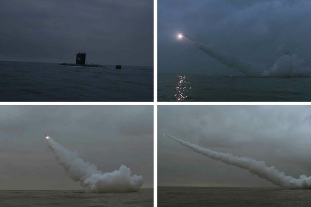 북한이 12일 전략순항미사일 2기를 잠수함에서 발사하는 훈련을 진행했다고 13일 노동신문이 보도했다. (평양 노동신문=뉴스1)