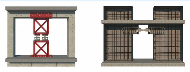 벽식형 ENTA 댐퍼 적용형태(왼쪽)와 인방형 ENTA 댐퍼 적용형태.