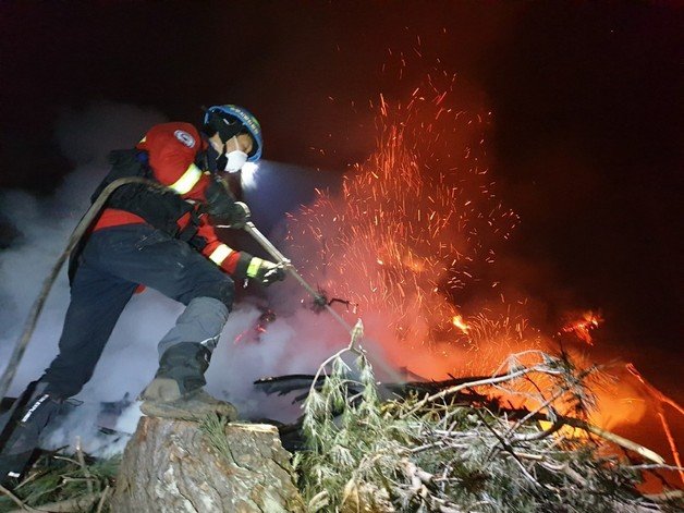 17일 오후 9시21분께 경기도 양주시 광적면 우고리에서 산불재난특수진화대가 야간산불을 진화하고 있다. (산림청 제공) / 뉴스1