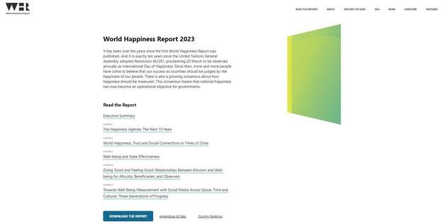 갤럽 세계여론조사가 발간한 ‘세계 행복 보고서’ (출처 : WHR 홈페이지)