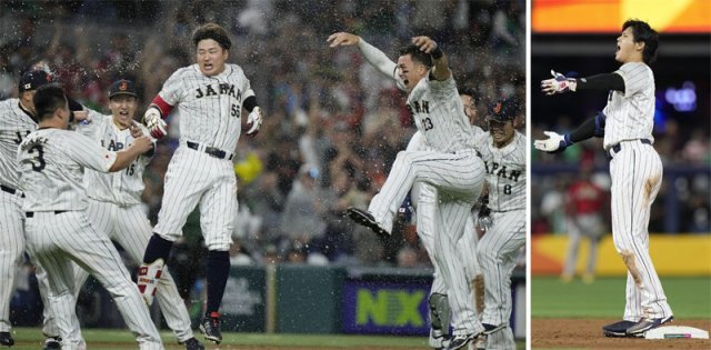 일본 야구 대표팀 무라카미 무네타카(가운데 55번)가 21일 멕시코와의 2023 월드베이스볼클래식(WBC) 준결승전 9회말에 6-5를 만드는 2타점 2루타로 경기를 끝낸 뒤 더그아웃에서 달려 나온 동료들의 축하를 받고 있다. 오른쪽 사진은 9회말 선두 타자로 나선 일본의 오타니 쇼헤이가 2루타를 날린 뒤 관중석을 향해 포효하는 모습. 마이애미=AP 뉴시스