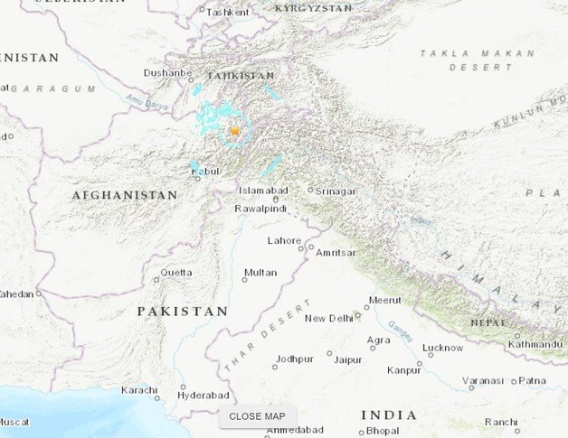 21일(현지시간) 오후 아프가니스탄 북부 힌두쿠시 산맥에서 발생한 규모 6.8 지진 위치. (미국지질조사국 화면 갈무리)