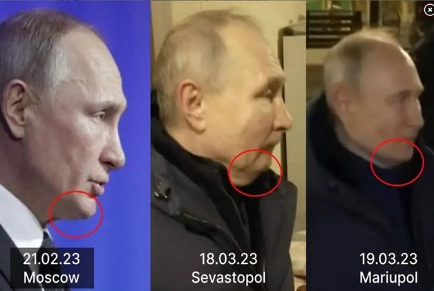 안톤 게라슈첸코 우크라이나 내무장관 보좌관은 자신의 트위터에 각기 다른 날짜에 찍힌 푸틴으로 추정되는 인물 3명의 사진과 함께 “어떤 게 진짜라고 생각하는냐”고  글을 올려 ‘대역 의혹’을 더욱 키웠다. 트위터 캡쳐