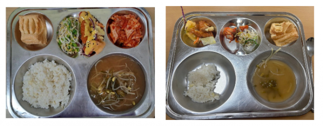 학교 측이 제공한 급식 사진(왼쪽)과 실제 재학생이 촬영한 급식 사진. 네이버 카페 ‘도담도담 대전맘’ 갈무리