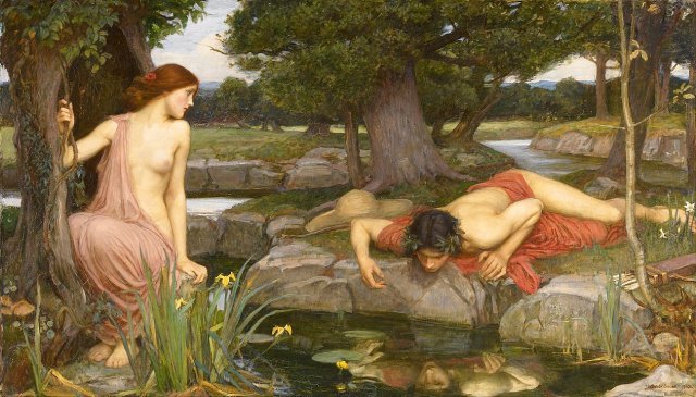 영국 화가 존 윌리엄 워터하우스의 ‘에코와 나르키소스’(1903). 말을 하지 못하는 에코는 물속에 비친 자신과 사랑에 빠져있는 나르키소스를 지켜보기만 한다. 영국 워커 아트 갤러리