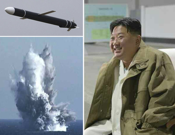 서해수호의 날인 24일 북한이 공개한 무기  (위) 모의 핵탄두가 장착됐다고 주장하는 전략순항미사일 ‘화살’ (아래) 비밀병기로 불리는 ‘핵무인수중공격정’ 이 수중에서 폭발하면서 수면 위로 물이 솟구치는 모습. 사진=노동신문 뉴스1, AP 뉴시스