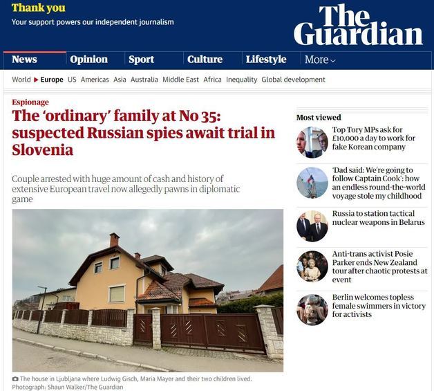 24일(현지시간) ‘영국 일간 가디언이 보도한 35번가에 살던 ’평범한‘ 가족, 러시아 간첩 혐의로 슬로베니아에서 재판’ 기사 갈무리. 출처 : The Guardian