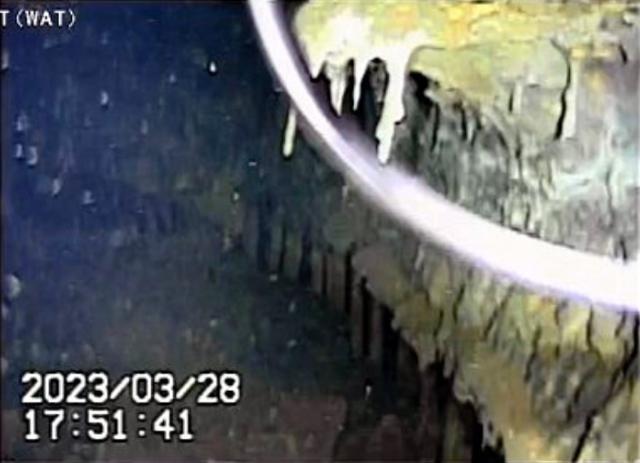 본 도쿄전력의 후쿠시마 제1원전 1호기에서 지난 28일 수중 로봇이 원자로를 받치는 ‘페데스탈’ 내부를 처음으로 촬영한 사진. 오른쪽 아래부터 중앙부까지 내벽 콘크리트가 녹아내려 철근이 노출돼 있다. 국제폐로연구개발기구 제공
