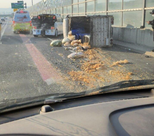 2일 오전 7시 30분경 경부고속도로 부산 방향 금토분기점 근처에서 음식물쓰레기 운반 차량이 넘어지는 사고가 발생했다. 보배드림 갈무리