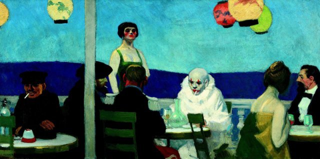 에드워드 호퍼가 프랑스에 머무르며 그곳의 풍경을 그린 ‘푸른 저녁’(1914년). 호퍼의 그림 중에서는 독특하게 인물이 7명이나 등장하지만, 서로 눈을 마주치며 대화하는 사람은 보이지 않는다. 서울시립미술관 제공
