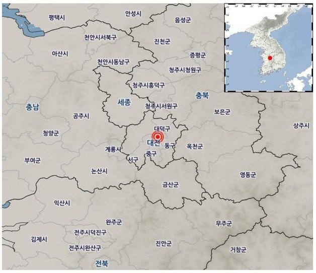 8일 오전 9시44분 대전 대덕구 북북동쪽 2km 지역에 규모 1.9의 지진이 발생했다.(기상청 제공)/