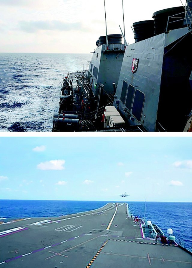 美, 남중국해에 이지스함 투입…  中, 대만포위 훈련에 항모 동원 차이잉원 대만 총통과 케빈 매카시 미국 하원의장 
회동으로 대만해협을 둘러싼 미중 갈등이 고조되는 가운데, 미 해군은 10일 알리버크급 유도미사일 구축함 USS 밀리우스함(위쪽 
사진)이 남중국해에 있는 중국 인공섬 ‘미스치프 암초’ 인근 해역에서 훈련했다고 밝혔다. 중국 인민해방군 동부전구 역시 ‘대만 
포위 작전’ 사흘째인 이날 항공모함인 산둥함에서 함재기가 이륙하는 장면을 공개했다. 사진 출처 미 해군·중국 인민해방군 동부전구 
위챗
