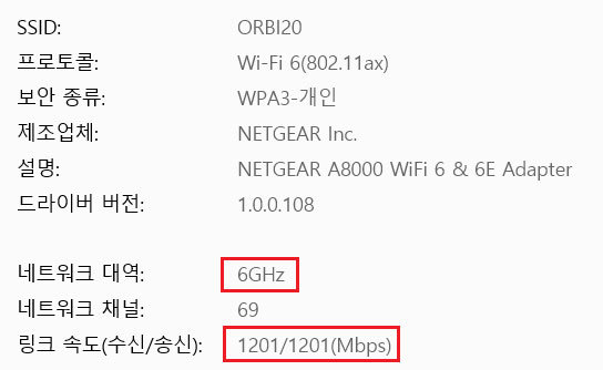 6GHz 대역의 1201Mbps 모드로 접속이 가능함을 확인했다 (출처=IT동아)