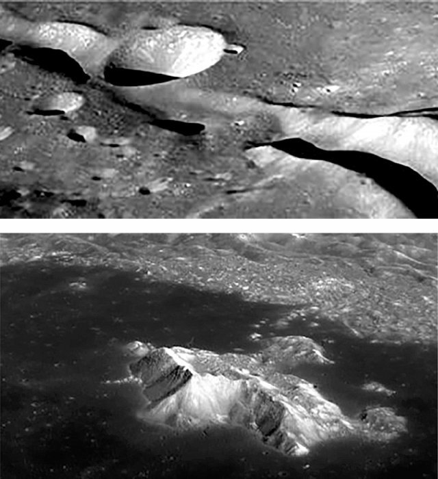 한국형 달 궤도선 다누리가 찍은 달의 뒷면. 슈뢰딩거 계곡(위쪽 사진)은 커다란 크레이터 주위로 320km에 달하는 기다란 계곡 형태의 지형을 보여준다. 치올콥스키 크레이터는 크레이터 내부에 봉우리가 형성된 것이 특징이다. 과학기술정보통신부 제공