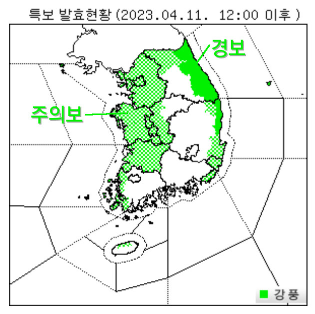 강릉에 산불이 발생했던 11일 정오 기준 강풍경보와 주의보 발효 지역. 강원 영동 지방에 경보가 집중돼 있습니다. 기상청