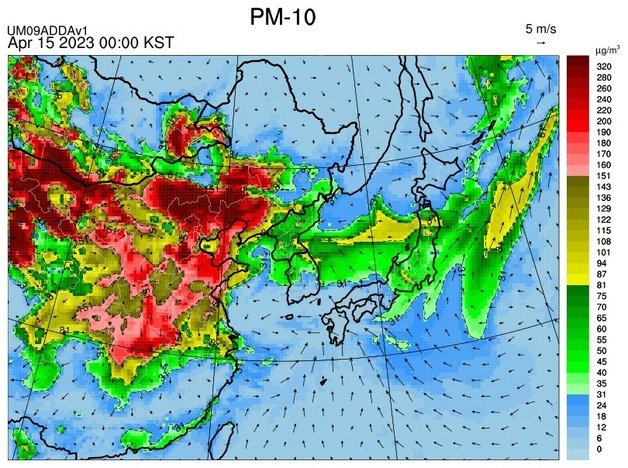 15일 한반도 및 동아시아 대기질 예측모델 결과(환경부 국립환경과학원 제공) ⓒ 뉴스1