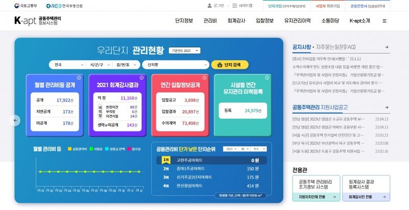 국토교통부가 위탁해 한국부동산원이 운영하고 있는 ‘공동주택관리정보시스템’의 초기 화면.