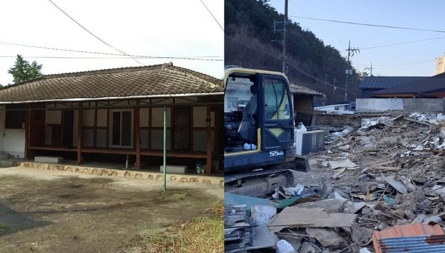 광주의 한 철거업체가 주소를 착각해 잘못 철거한 주택의 전(왼쪽)과 후 모습. (보배드림 갈무리)