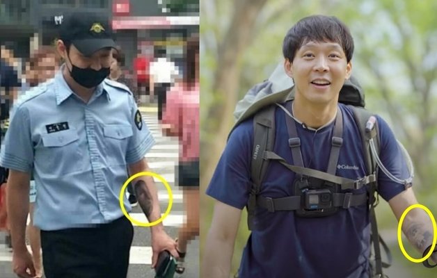 박유천이 과거 팔뚝에 전 여자친구 황하나씨의 얼굴을 문신으로 새겼다가 지운 뒤, 현재 같은 자리에 애니메이션 ‘짱구’ 문신을 새겼다. (온라인 커뮤니티/ 유튜브 채널 ‘로그북 오피셜’ 갈무리)