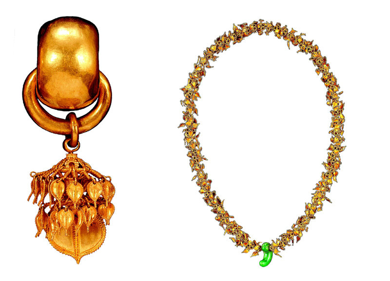 신라 황금문화의 최전성기에 제작된 노서리 출토 황금귀걸이(보물 455호·왼쪽 사진)와 신라 6세기를 대표하는 금목걸이(보물 456호). 귀걸이 1짝은 일제강점기 일본으로 반출됐다가 30여 년 만에 환수됐다. 국립중앙박물관 제공