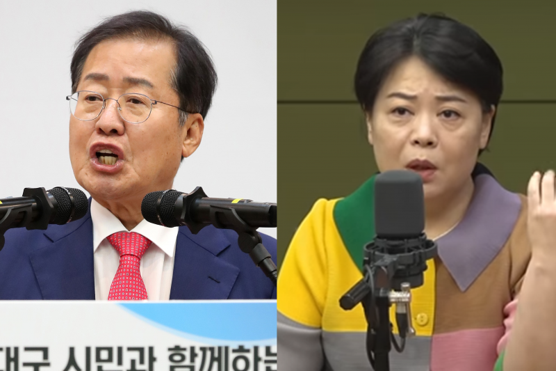 홍준표 대구시장(왼쪽)과 지난 14일 CBS 라디오에 출연한 국민의힘 윤희숙 전 의원. 뉴스1, 유튜브 갈무리