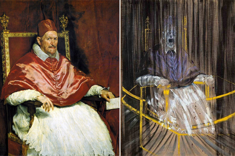 1650년 스페인 궁정화가 디에고 벨라스케스가 그린 ‘교황 인노켄티우스 10세의 초상’(왼쪽)과 영국 화가 프랜시스 베이컨의 
‘벨라스케스의 교황 인노켄티우스 10세를 본뜬 습작’(1953년 작·오른쪽). 베이컨은 고통받는 듯한 교황의 모습을 그려 원작에 
담긴 교황의 권위를 비틀었다. 사진 출처 위키피디아
