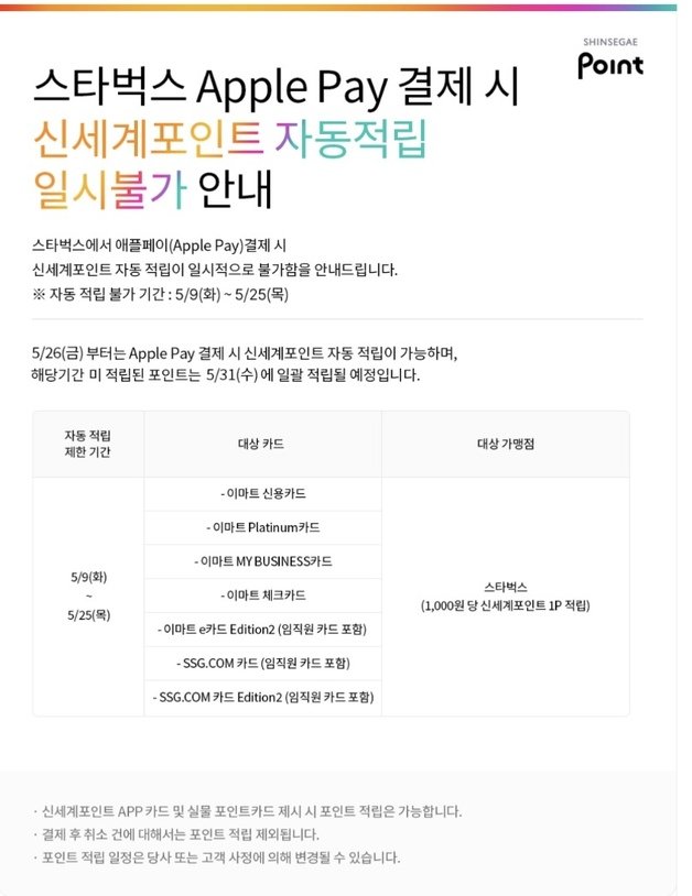 스타벅스 애플페이 관련 공지사항.(신세계포인트 홈페이지 갈무리)