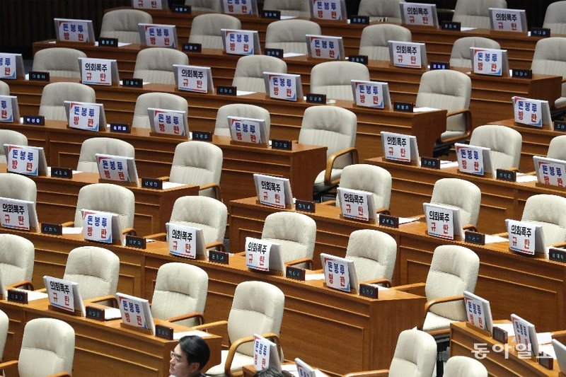 국민의힘 빈자리…  ‘의회폭주’ 팻말 27일 국회 본회의에서 더불어민주당과 정의당 주도로 대장동 ‘50억 클럽’과 
김건희 여사와 관련된 특별검사(특검) 법안이 패스트트랙(신속처리안건)으로 지정됐다. 국민의힘 의원들은 양 특검에 대한 야권 공조에
 반발하며 표결에 참여하지 않고 퇴장했다. 사진은 국민의힘 의원석에 ‘의회폭주 규탄’ ‘돈봉투 방탄’ 등의 항의 손팻말만 남아 
있는 모습. 이훈구 기자 ufo@donga.com