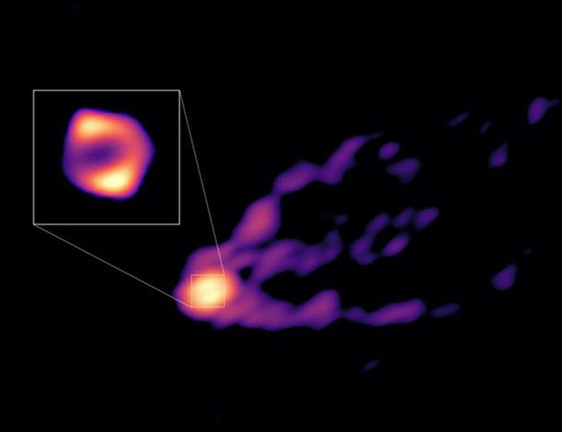 지구에서 5400만 광년 떨어진 ‘M87’ 은하의 블랙홀이 주변 기체를 흡수하는 모습인 ‘부착원반’과 블랙홀이 토해낸 물질인 ‘제트’를 직접 촬영한 사진. 사진 중 확대된 부분이 부착원반이며 오른쪽으로 흩어지는 부분이 제트다. 한국천문연구원 제공