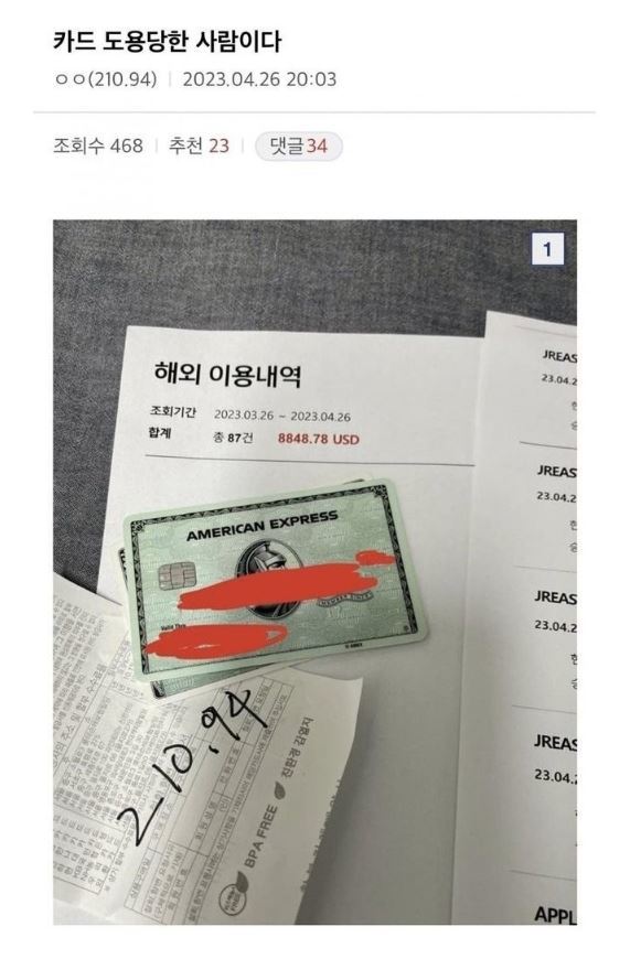 누리꾼들이 쓴 카드내역을 공개한 A 씨. 온라인커뮤니티 디시인사이드 캡처