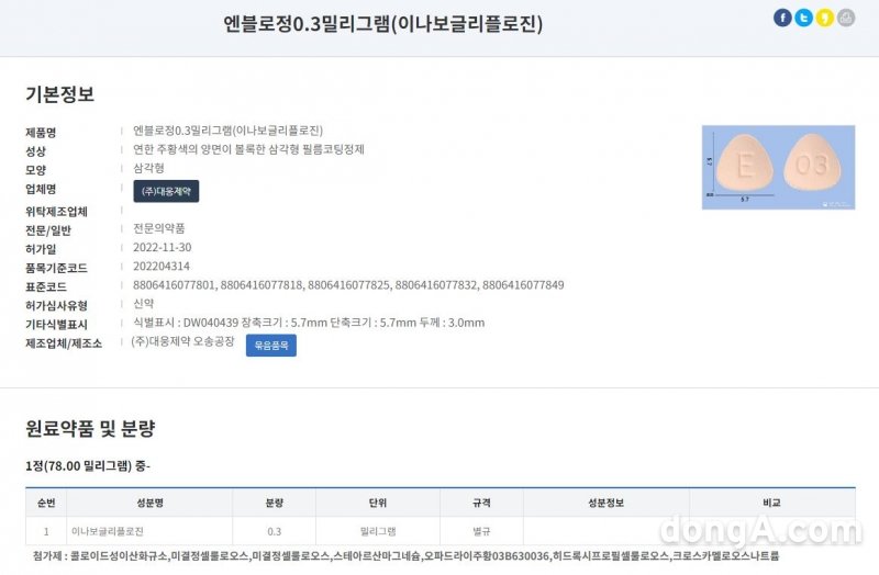 식품의약품안전처 의약품상세정보 갈무리