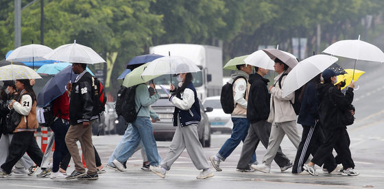 봄비가 내리며 기온이 크게 내려간 25일 오전 경북 경산시 대학로에서 우산을 쓴 시민들이 횡단보도를 따라 길을 건너고 있다. 2023.4.25/뉴스1