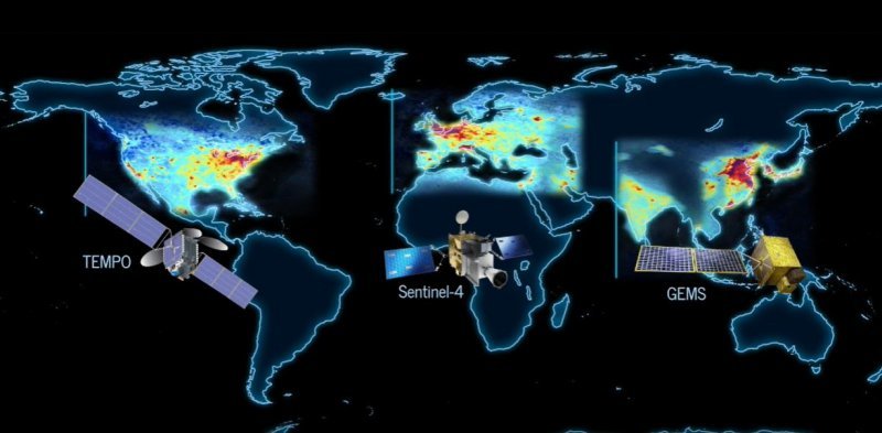 미국 항공우주국(NASA)이 제시한 정지궤도 환경관측체의 대기오염물질 관측 범위. NASA가 지난달 발사한 TEMPO는 미국 대륙을, ESA가 내년 발사를 앞둔 Sentinel-4는 유럽 일대를, 현재 운용 중인 우리나라의 GEMS는 아시아 일대를 관측한다. NASA 제공