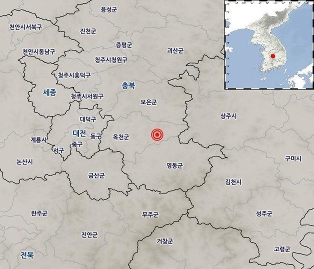 기상청은 30일 오후 7시 3분쯤 충북 옥천군 동쪽 16km 지역에서 규모 3.1 지진이 발생했다고 밝혔다. 진원 깊이는 6km로 추정된다. (기상청 제공) 2023.4.30/뉴스1