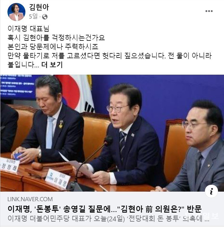 국민의힘 김현아 전 의원은 자신을 언급한 이재명 대표를 향해 “본인과 당 문제에나 주력하시죠”라며 “만약 물타기로 저를 고르셨다면 헛다리 짚으셨다”라고 경고했다. 페이스북 캡처