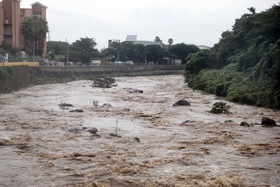 지난해 8월 17일 제주에 많은 비가 내려 평소 건천인 제주시 한천에 산간에서부터 내려온 흙탕물이 거세게 흐르고 있다. ⓒ News1