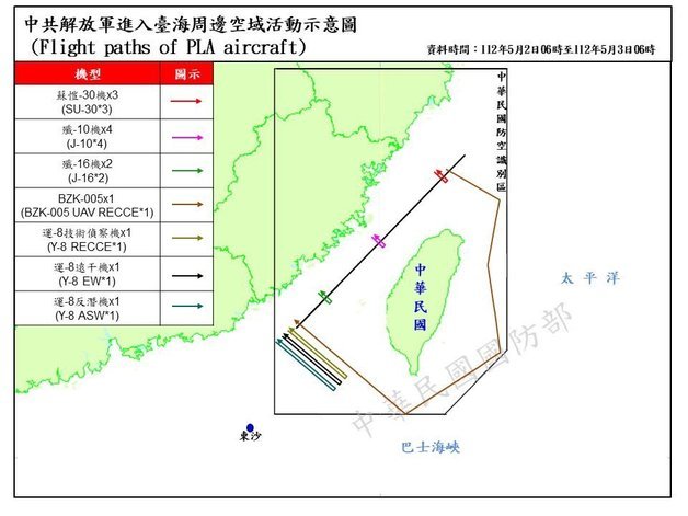 대만 국방부는 3일 오전 6시까지 24시간 동안 자국 인근에서 중국 군용기 27대와 해군 함정 7척을 탐지했다고 밝혔다. 2023.05.03/뉴스1(대만 국방부 갈무리)