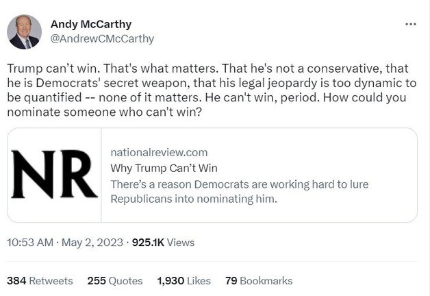 내셔널 리뷰의 칼럼니스트 앤드루 매카시가 트위터에 자신이 작성한 칼럼 링크를 첨부했다. 트위터 갈무리