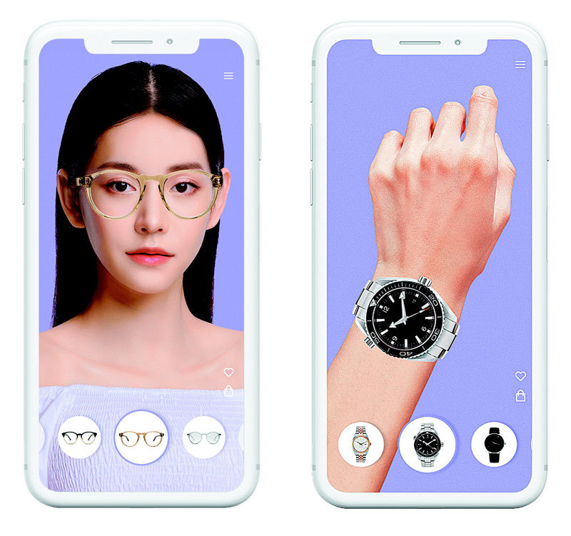 스마트폰 카메라로 얼굴과 손을 비춘 뒤 딥픽셀의 가상 피팅 솔루션 ‘스타일AR’을 가동시키자 인공지능이 신체를 인식해 안경(왼쪽)과 시계를 가상으로 피팅하고 있다. 딥픽셀 제공
