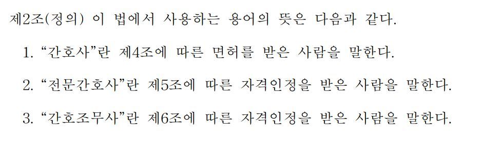 지난달 27일 국회 본회의를 통과한 간호법 제정안 2조. 간호사와 전문간호사, 간호조무사의 정의를 이 법 ‘제4, 5, 6조’에 따라 규정한다고 했으나, 정작 관련 내용은 ‘제3, 4, 5조’에 있다.
