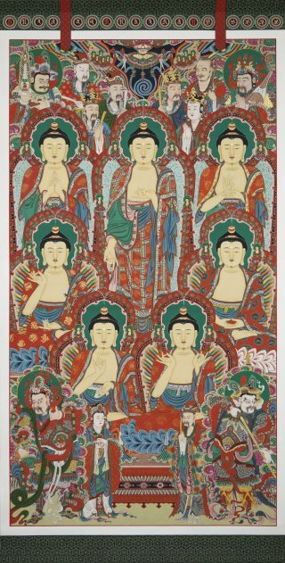 5월7일 점안식이 거행되는 칠불사 칠불괘불탱화. 가운데 7부처가 가야 7왕자이고,  오른쪽 상단에 김수로왕과 허왕후의 모습도 보인다.