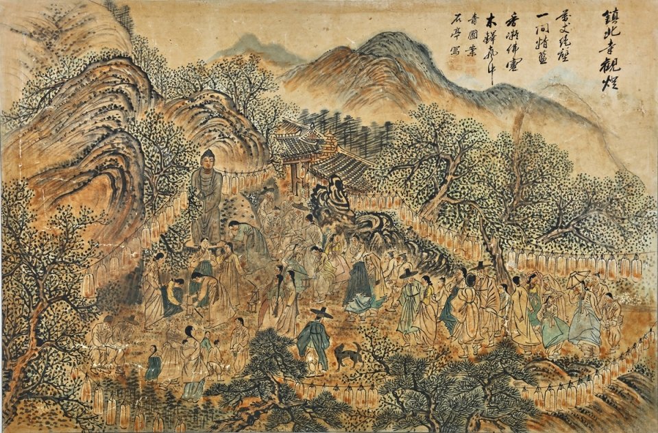 조선 말기 실학자 석정 이정직(1841~1910)이 전북 전주 진북사에서 열린 연등회 풍경을 그린 ‘진북사관등(鎭北寺觀燈)’. 그림에는 남녀노소가 진북사를 찾아 등을 밝히고 등불을 바라보는 모습이 담겼다. 불교중앙박물관 제공