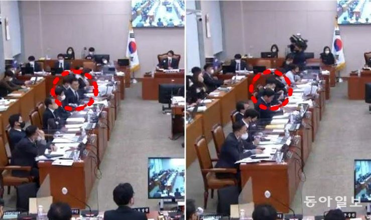 왼쪽은 김남국 더불어민주당 의원이 11월7일 법사위 전체회의에 자리한 모습, 오른쪽은 김 의원이 회의 도중 무언가에 몰두하는 모습. 국회방송